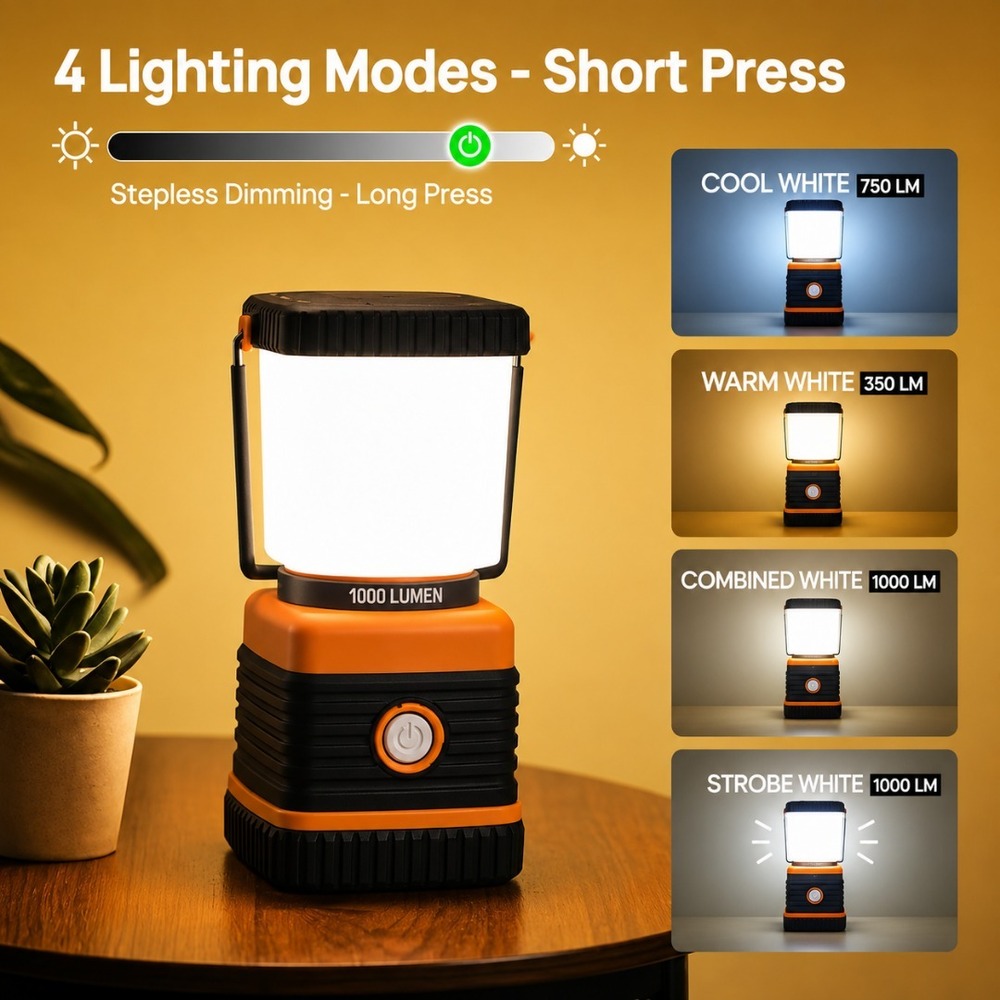 1000LM LED Camping Lantern w/ 3 D Batteries Included IP44 4 Light Modes Emergenc - Picture 4 of 8